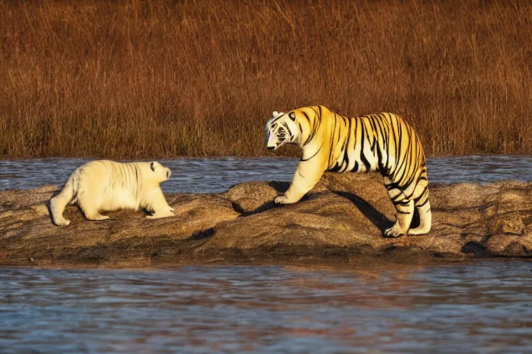 Image similar to a tiger polar bear!!! hybrid! hyper realistic!! realistic lighting!! wildlife photographer of the year!!! bold natural colors, national geographic, hd, wide angle, 8 k