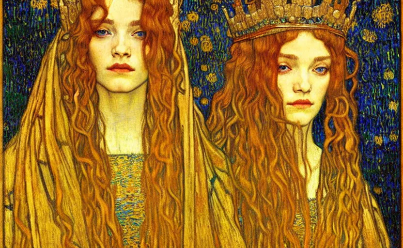 Image similar to detailed realistic beautiful young medieval queen face portrait by jean delville, gustav klimt and vincent van gogh, art nouveau, symbolist, visionary, gothic, pre - raphaelite, muted earthy colors, desaturated