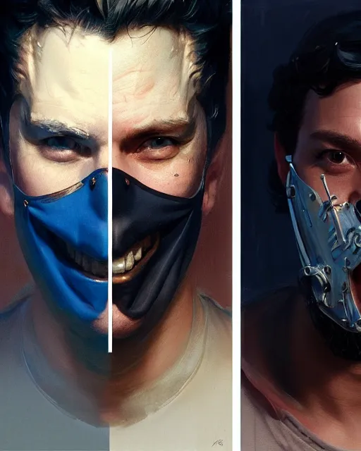 Prompt: a man in a mask : left - half a sad rotten face, right - half a cheerful face, fine details, realistic shaded lighting poster by greg rutkowski, magali villeneuve, artgerm, jeremy lipkin and michael garmash and rob rey