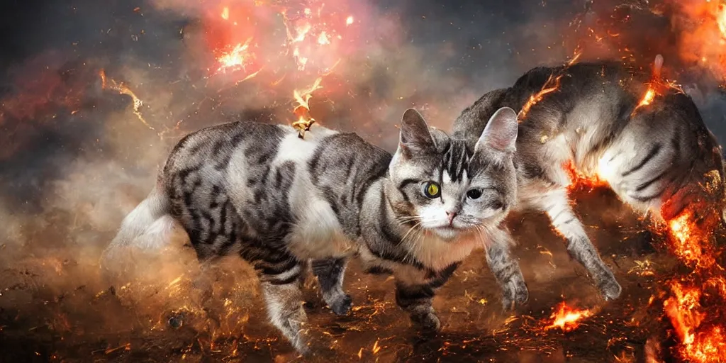 Image similar to cyborg cat, on a horse, an explosion on the background, punished, war, hyperrealistic, sharp focus, award winning photo