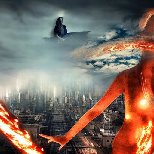 Prompt: a woman, city on fire, giant, sci - fi, award winning, photo manipulation, collage