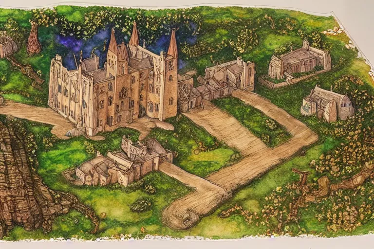 Image similar to an elaborate and dense painting of the peaceful redwall abbey in mossflower wood, detailed, made of alcohol ink on parchment and penned illustrations, by brian jacques and jean baptiste monge