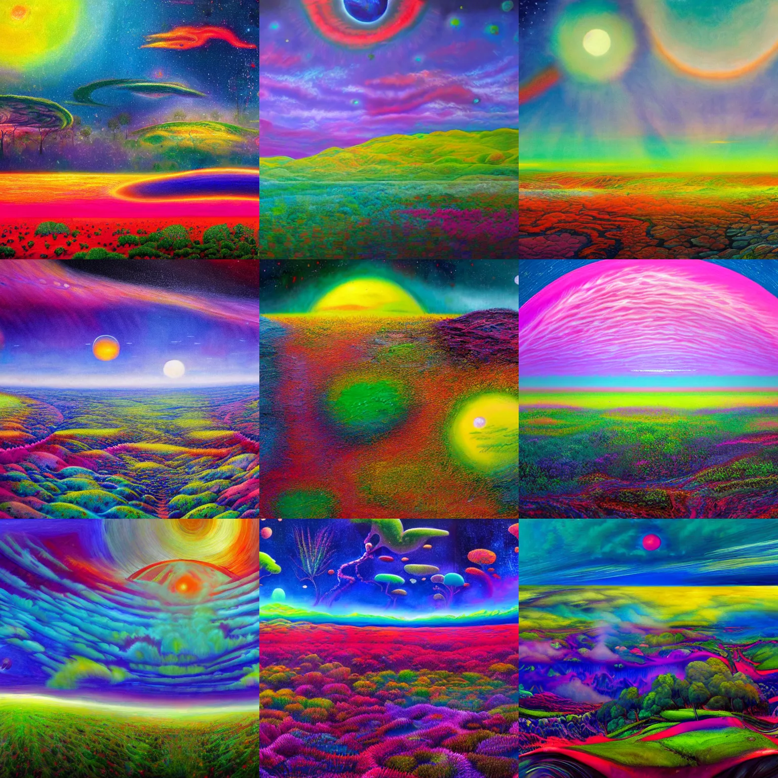 Prompt: multi colored psychedelic plants growing and spreading beyond the land into the horizon, giant moons in the sky, beautiful environment, futuristic, oil painting, 4k