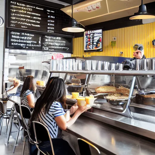 Image similar to busy wafflehouse interior with customers eating breakfast and wafflehouse employees in blue and black uniform serving food and some cooking food behind countertop