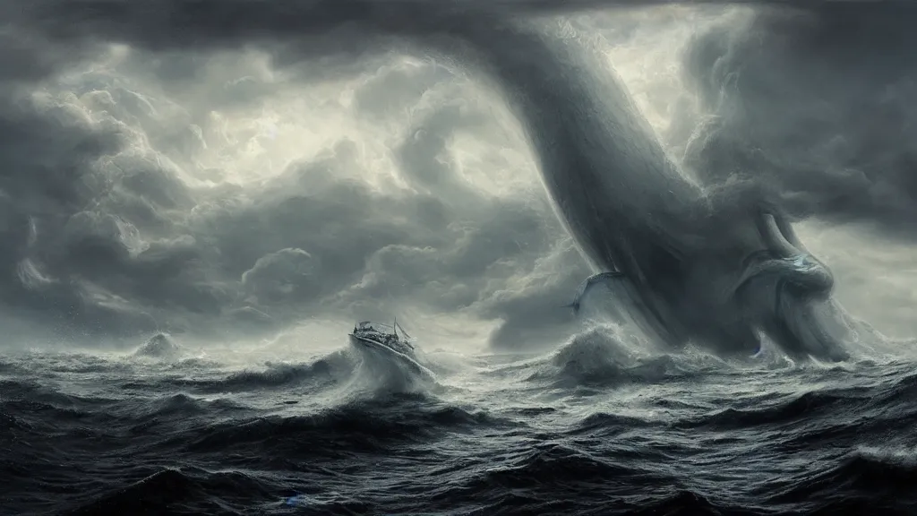 Prompt: small boat in the foreground, giant massive kraken in the rising out a stormy ocean,, stormy weather, intricate, detailed, volumetric lighting, sharp focus, scenery, digital painting, highly detailed, concept art, ruan jia, steve mccurry