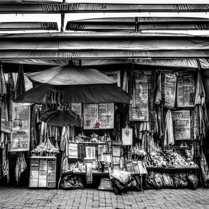 Prompt: close view of a market stall. folded umbrellas for sale on the stall. set in a square. background of an old soviet monument. storyboard, scifi cyberpunk. by gabriel hardman, joe alves, chris bonura. cinematic atmosphere, detailed and intricate, perfect anatomy