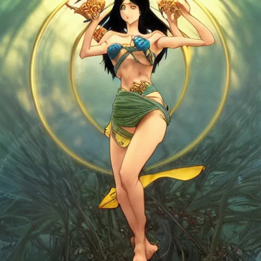 Image similar to highly detailed vfx portrait of nico robin by eiichiro oda!, makoto shinkai, alphonse mucha!, sharp focus, art by artgerm and greg rutkowski!, backlit, harsh overhead sunlight, blue eyes!!, large aquiline nose!!, stanley kybric, kaoru mori, detailed, best of behance,