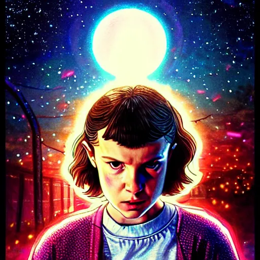 Prompt: eleven from stranger things, nighttime, outdoors, town background, intricate, highly detailed, digital painting, artstation, official media, anime key visual, concept art, ambient lighting, sharp focus, illustration, 1980's anime style, art by Artgerm, Makoto Shinkai, Ilya Kuvshinov, Lois Van Baarle, and Rossdraws