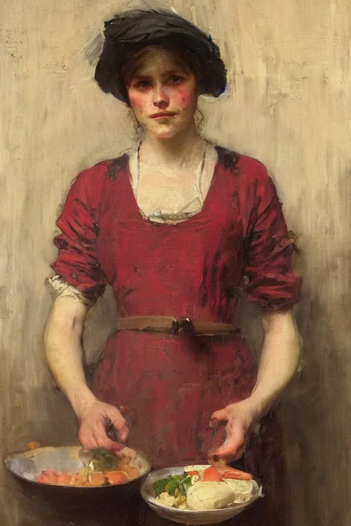 Image similar to Solomon Joseph Solomon and Richard Schmid and Jeremy Lipking victorian genre painting full length portrait painting of a young woman preparing a meal, red background