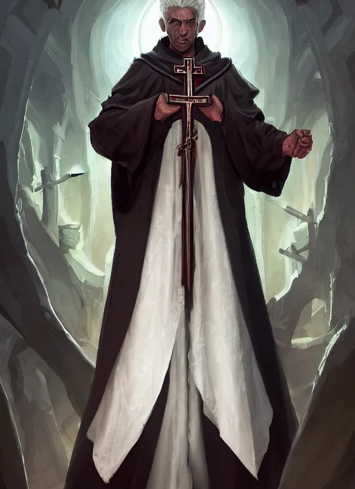 Prompt: a highly detailed illustration of white haired african priest wearing white robe, wielding bloody cross, gothic church background, intricate, elegant, highly detailed, centered, digital painting, artstation, concept art, smooth, sharp focus, league of legends concept art, wlop