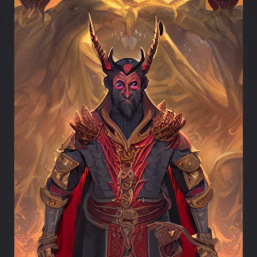 Prompt: dnd portrait of a tiefling, male, red scales, a big black beard, completely golden eyes, 2 long curved horns growing out of his forehead,