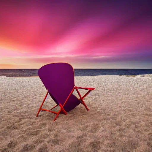 Image similar to purple chair on a red beach with nebula sunset