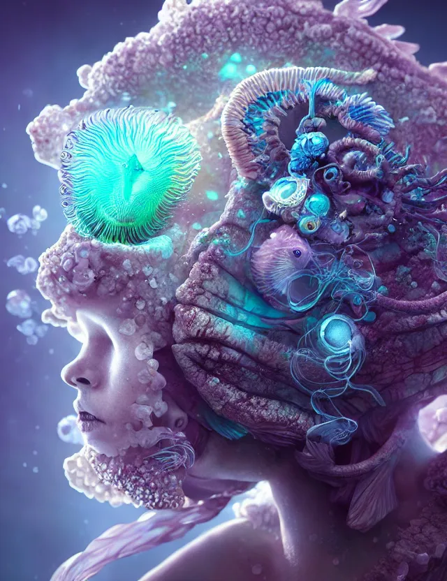 Prompt: 3 d goddess macro close - up portrait wigh crown made of ram skull. betta fish, jellyfish phoenix, bioluminiscent, plasma, ice, water, wind, creature, super intricate ornaments artwork by tooth wu and wlop and beeple and greg rutkowski