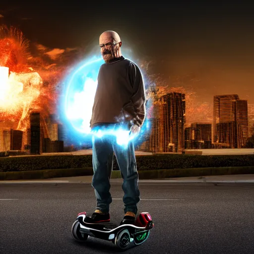 Image similar to Walter White standing on a hoverboard with an exploding building behind him, HDR, 8k,