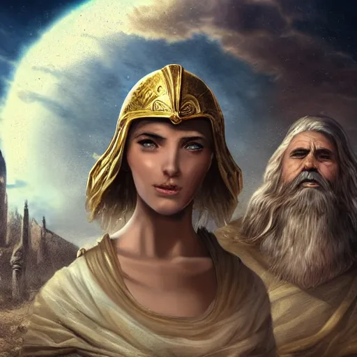 Image similar to young ancient greek woman in golden helmet, giant grey-haired bearded male face in the sky, epic fantasy style art, fantasy epic digital art