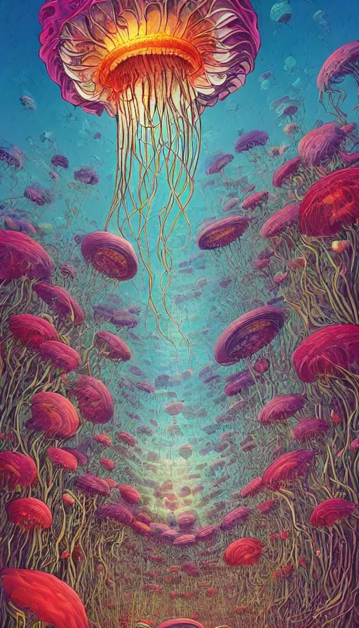 Image similar to The land of the floral jellyfish, italian futurism, Dan Mumford, da vinci, Josan Gonzalez