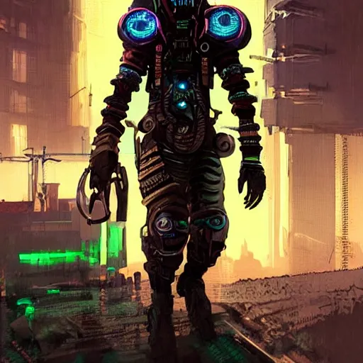 Image similar to a dark and ominous cyborg african child soldier with glowing eyes and steel dreadlocks, neon graffiti, Apex Legends character digital illustration portrait design, by android jones and greg rutkowski in a cyberpunk voodoo style, retrowave color scheme, detailed, cinematic lighting, wide angle action dynamic portrait