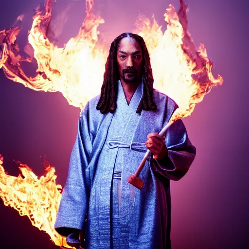 Image similar to cinematic film still of Snoop Dogg starring as a Samurai holding fire, CGI, VFX, 2022, 40mm lens, shallow depth of field, film photography