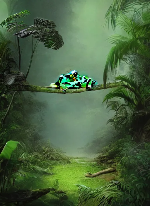 Image similar to a beautiful matte painting of a green frog in the jungle, kambo