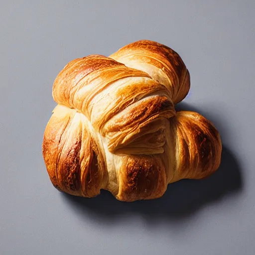 Prompt: professional studio photography of a croissant on a table, grey background, balanced lighting, xf iq 4, f / 1. 4, iso 2 0 0, 1 / 1 6 0 s, 8 k, raw, unedited, symmetrical balance, in - frame