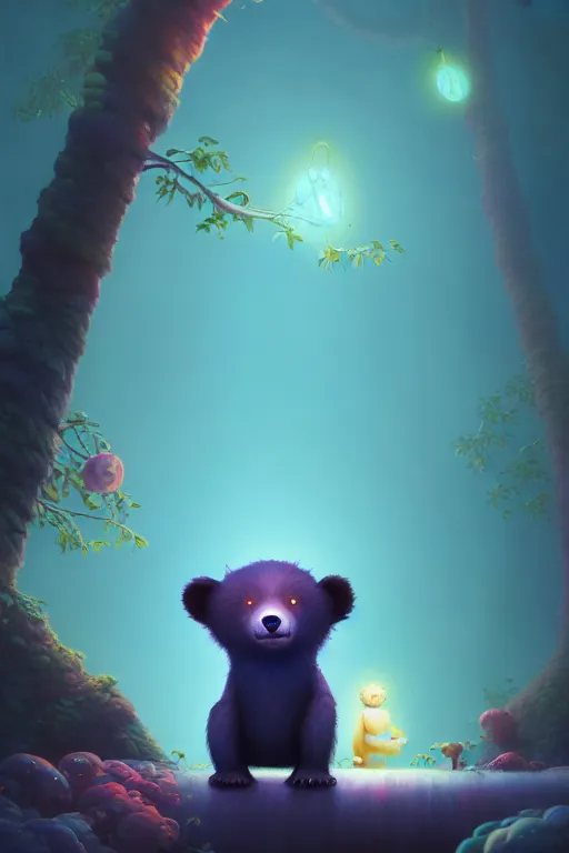 Prompt: a surreal Bioluminescent, very very very cute lost bear in a happy world by Daniel Merriam, Trending on Artstation, oil on Canvas by Elena Zhurikhina and Goro Fujita and Charlie Bowater, octane render, 4k, 8k, HD