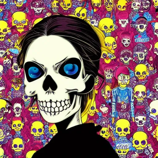 Prompt: anime manga skull portrait girl female skeleton illustration hyperrealistic art Geof Darrow and will cotton the Simpsons pop art nouveau