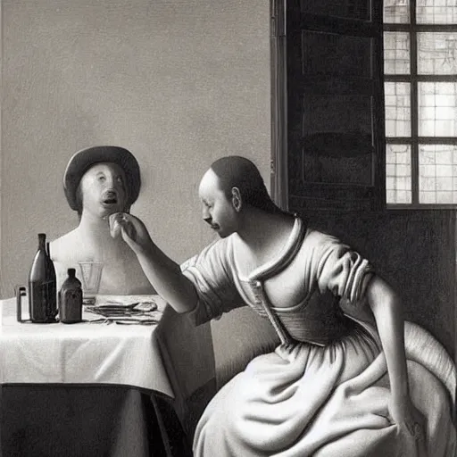 Image similar to A beautiful performance art. Let’s see how long the rich can eat their money for aureolin by Johannes Vermeer, by Eric Zener desaturated