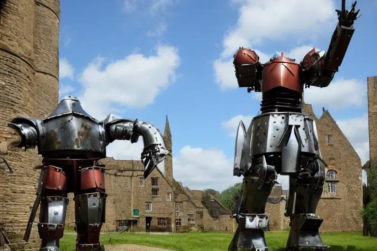 Image similar to a giant mech made out of medieval knights armor and parts standing in an old english village