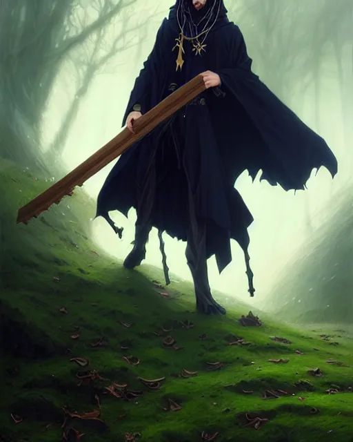 Image similar to handsome mage holding a wooden stave, long black hair wearing gothic navy cloak with gold details, green plants, fantasy character portrait, ultra realistic, anime key visual, full body concept art, intricate details, highly detailed by greg rutkowski, ilya kuvshinov, gaston bussiere, craig mullins, simon bisley
