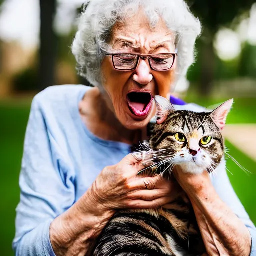 Prompt: elderly woman screaming at a cat, canon eos r 3, f / 1. 4, iso 2 0 0, 1 / 1 6 0 s, 8 k, raw, unedited, symmetrical balance, wide angle