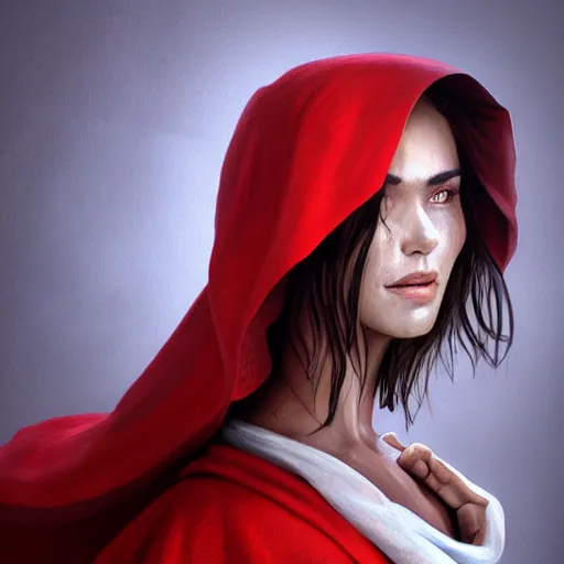 Image similar to epic portrait an woman wearing white blouse with short sleeves and a red cape with a hood on, pretty face, beauty, freckles, glossy skin, bun hair, glowing eyes, digital painting, artstation, concept art, soft light, hdri, smooth, sharp focus, illustration, fantasy, intricate, elegant, highly detailed, D&D, matte painting, in the style of Greg Rutkowski and Alphonse Mucha and artemisia, 8k, highly detailed, jurgens, rutkowski, bouguereau, pastoral, rustic, georgic