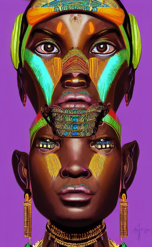 Image similar to upper half portrait digital painting of retro futuristic african tribal chief - embellished with vegetation and iridescent crystals, art by stanley artgem lau, highly detailed, digital painting, concept art, illustration, smooth sharp focus, intricate, symmetry, artstation, colourful,