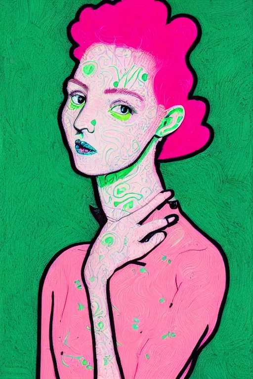 Prompt: portrait of a young pale woman with pink hair, wearing a neon green dress, intricate details, super-flat, in the style of James Jean
