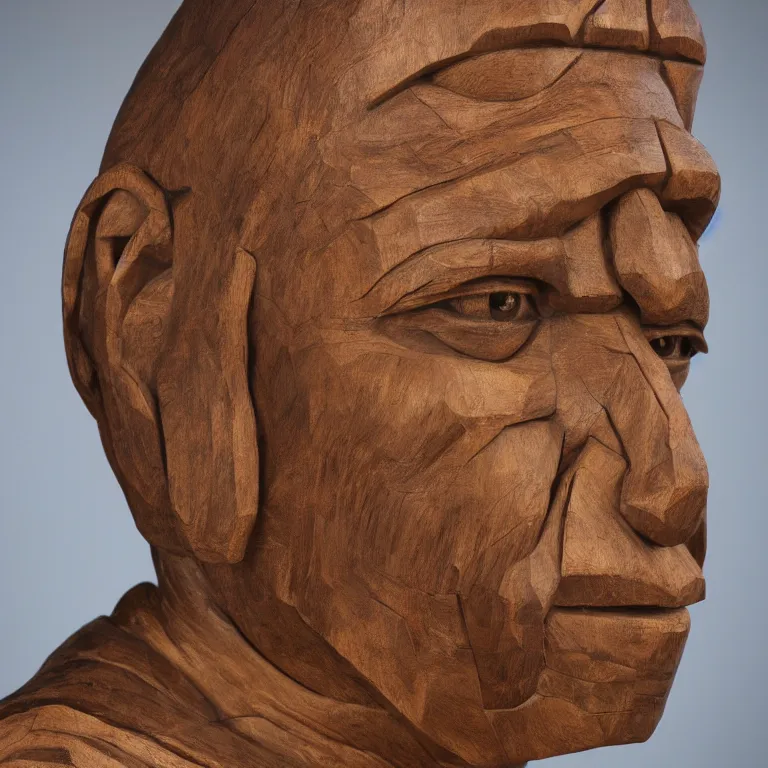 Image similar to public sculpture minimalist bust portrait of a powerful navajo man, beautiful symmetrical face accurate face detailed face realistic proportions, carved out of juniper wood on a pedestal by stephan balkenhol and martin puryear, hyperrealistic dramatic lighting shocking detail trending on artstation 8 k