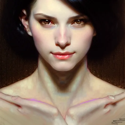 Image similar to portrait of a smiling, beautiful, pale skin female with long black hair, dark brown eyes, elegant clothing, photorealistic, highly detailed, artstation, smooth, sharp focus, neon lighting, sci - fi, art by gustav klimt, artgerm, greg rutkowski and alphonse mucha