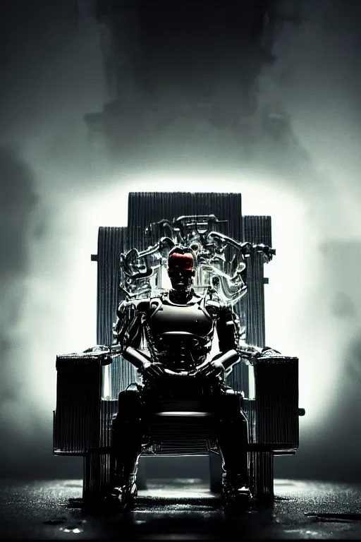 Prompt: t - 8 0 0 terminator sitting on his throne, moody lighting, 4 k resolution, hyper detailed