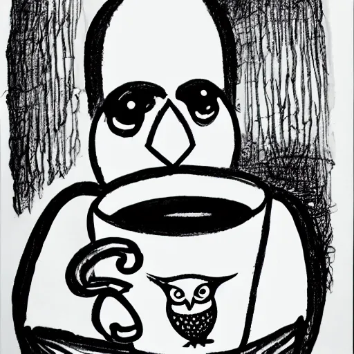 Prompt: black and white ink drawing of a man with an owl head holding a mug of coffee