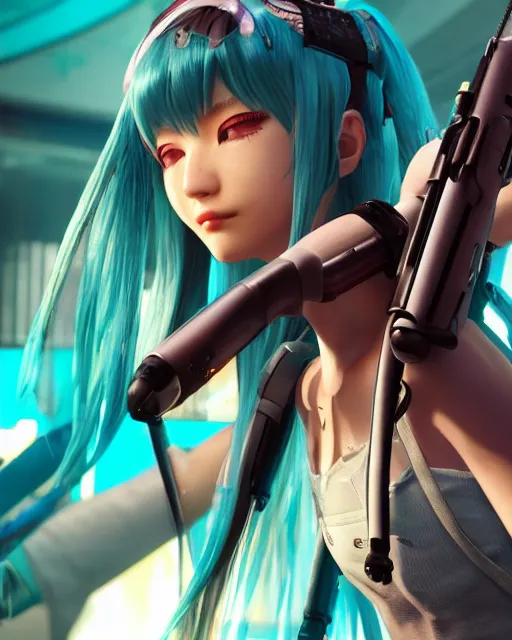 Image similar to Hatsune Miku in the role of Johnny Silverhand from Cyberpunk 2077, amazing short, 8K, IMAX, ultra detailed