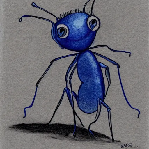 Prompt: a one - eyed blue ant character study with a relaxed stance, pen and ink