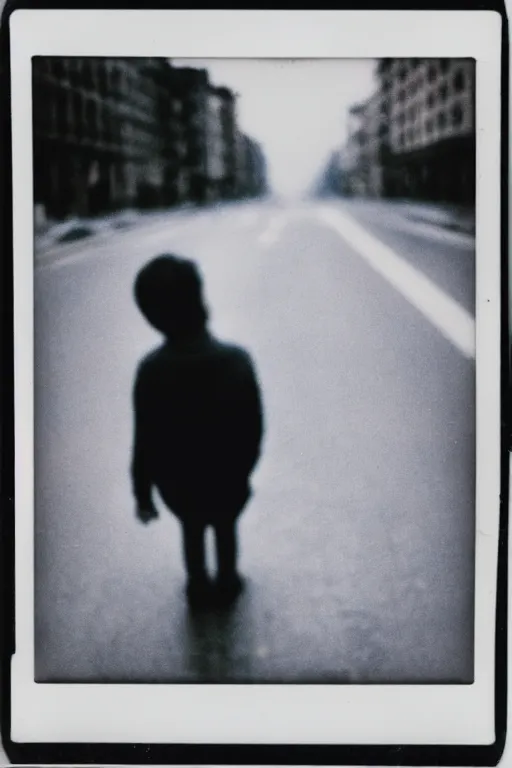 Prompt: photo polaroid of a sad and lonely child in the middle of a road of a city devastated by bombs , has a gun in his hand, loneliness,war, black and white ,photorealistic, 35mm film,