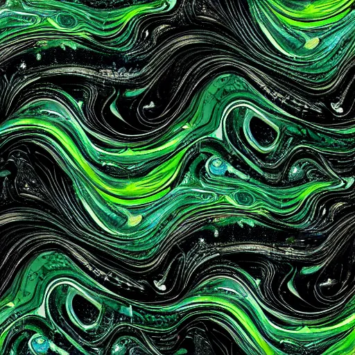 Image similar to beautiful liquid marble texture with oil bubbles and twirls. harmonic black and green tones coloured abstraction. ultradetailed realistic art