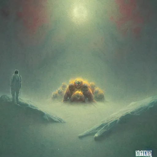 Image similar to fractal tardigrade terror and horror painting descending on earth, by greg rutkowski and studio ghibli, inspired by zdzisław beksinski, cinematic, atmospheric, dramatic colors, dawn.