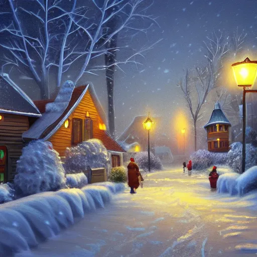 Prompt: town inspired by Evgeny Lushpin,winter,night time,cottages,cinematic,art station