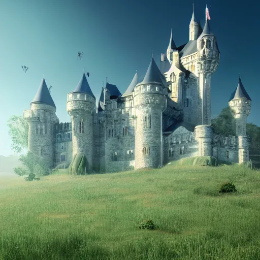 Prompt: beautiful illustration of a big castle in a serene landscape, green grass, highly detailed, crystal lighting, hyperrealistic, trending on artstation, unreal engine