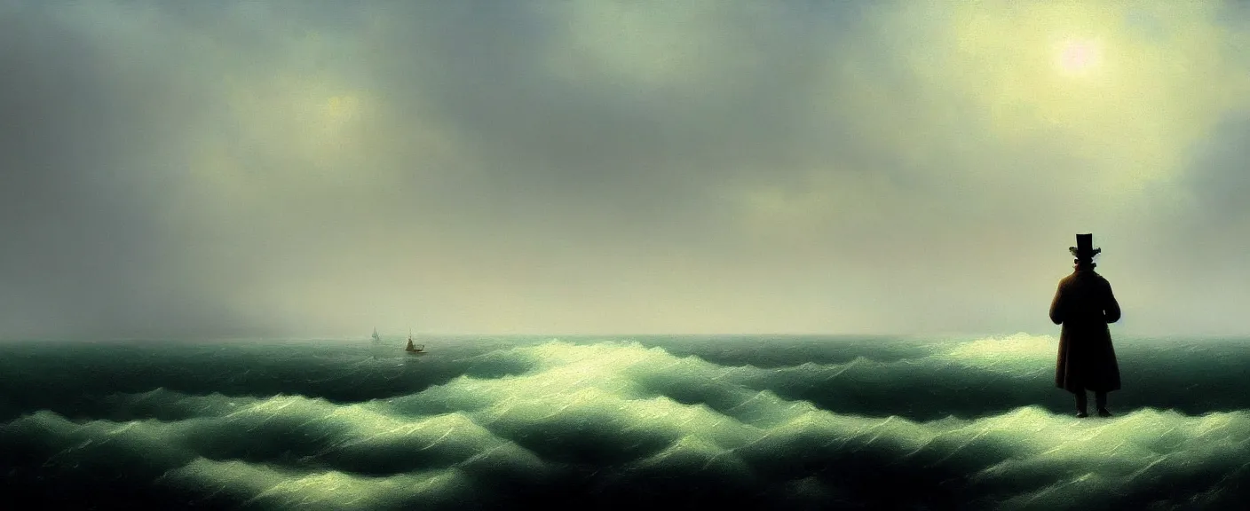 Prompt: a single lonely figure looks across the ocean in the style of ivan aivazovsky and mark ryden, ultra realistic digital painting, artstation, concept art, pop, smooth, sharp focus, illustration, dense detail