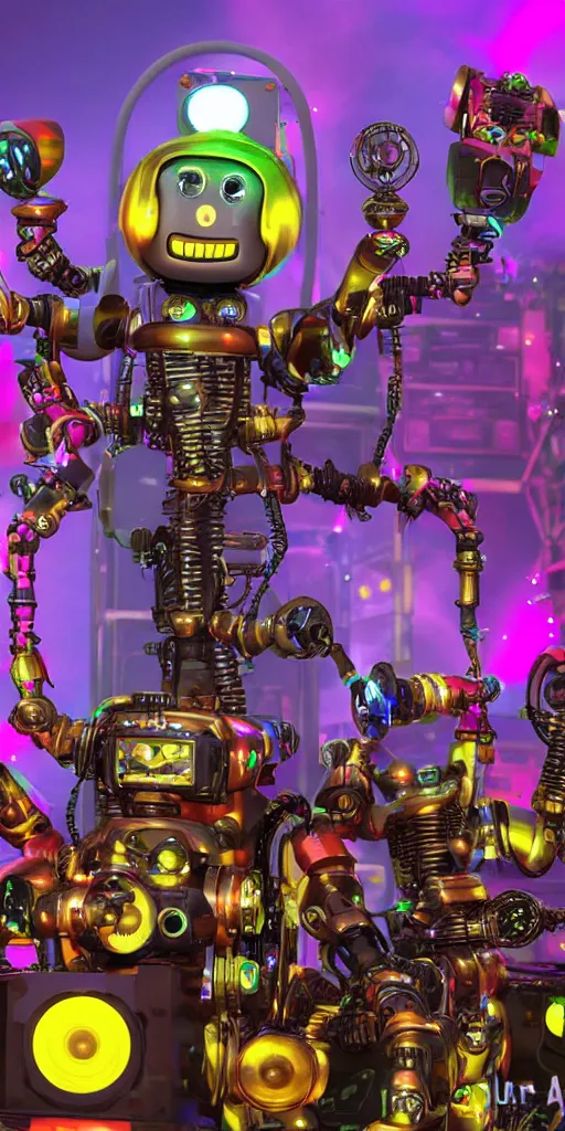 Prompt: a selfie of a happy robot in frront of an outdoor festival stage with audience, on stage is a rockband with 3 steampunk robots with guitars and drums, center of the stage is a big steampunk generator, laser show, 8 k, fluorescent colors, halluzinogenic, multicolored, exaggerated detailed, unreal engine