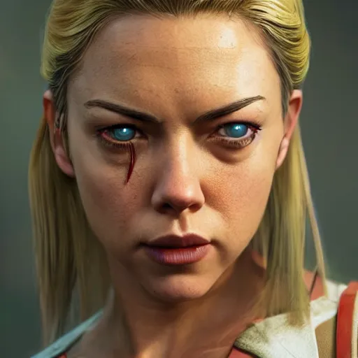 Image similar to aubrey plaza as cammy street fighter, long blonde hair, ultra realistic, concept art, intricate details, highly detailed, photorealistic, octane render, 8 k, unreal engine, art by frank frazetta, simon bisley, brom