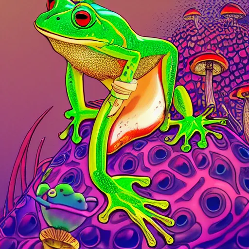 Image similar to A close up portrait of a dignified psychedelic godlike anthropomorphic frog smoking an anime blunt , magic mushroom village in background . award winning. superb resolution. in the art style of junji Ito and greg rutkowski . Detailed Mushroom city in background. Hyper realistic anime. Perfect art. Dalle2