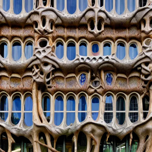 Prompt: a photograph of antoni gaudi building with a lot of windows that looks like complex tree roots, detail, realistic