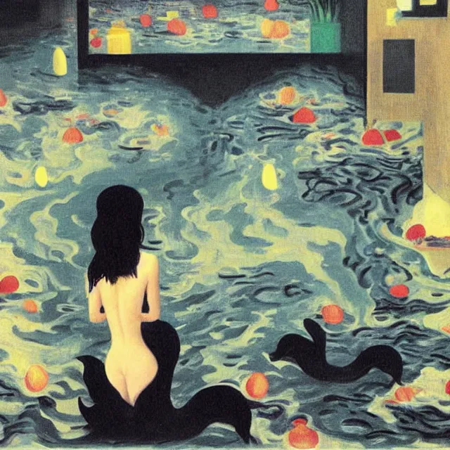 Prompt: tall female catgirl artist holding pizza in her flooded apartment, pomegranates, octopus, water gushing from ceiling, painting of flood waters inside an artist's apartment, a river flooding indoors, mushrooms, ikebana, zen, rapids, waterfall, black swans, canoe, berries, acrylic on canvas, surrealist, by magritte and monet